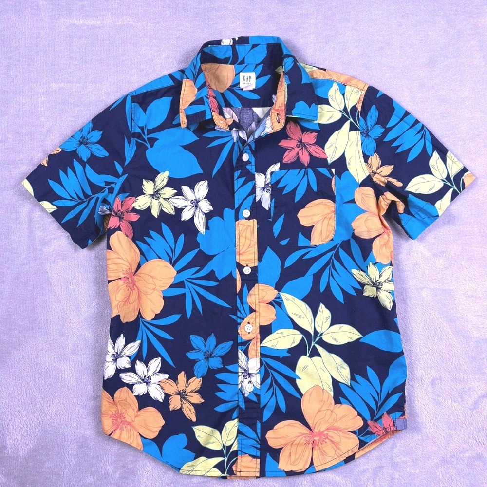 Gap Kids Boys L Navy Floral Hibiscus Short Sleeve Button Down Shirt‎ Tropical